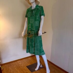 Vintage Arnel Green Geo Print, Two-Piece, Zip Top, Elastic Skirt, Women-made